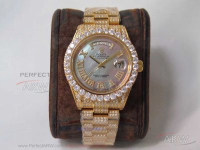 TW Replica 904L Rolex Day Date 41 Yellow Gold Diamond Band MOP Dial 2836 Automatic Watch